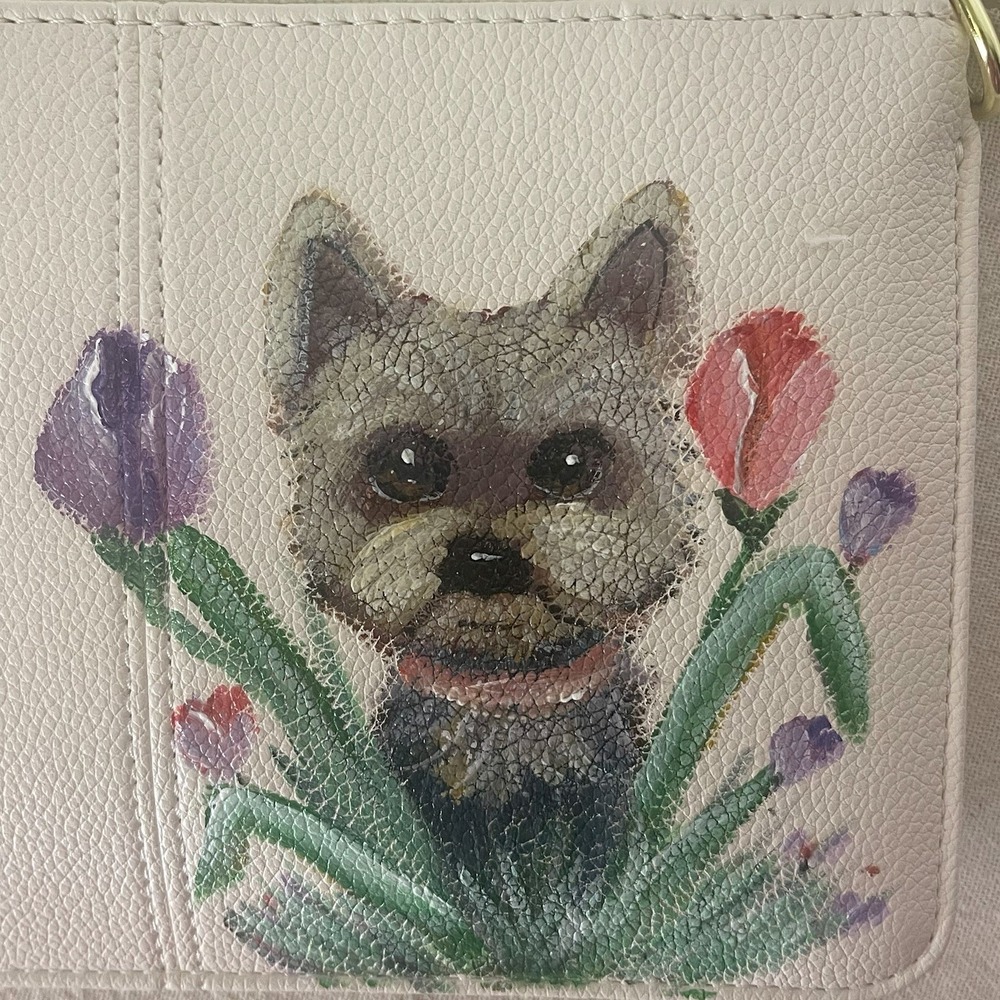Hand Painted Yorkie Wristlet Crossbody Bag Floral Off White Dog Zip Wallet